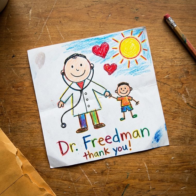 A crayon thank-you drawing made for Dr. Freedman by a patient's child